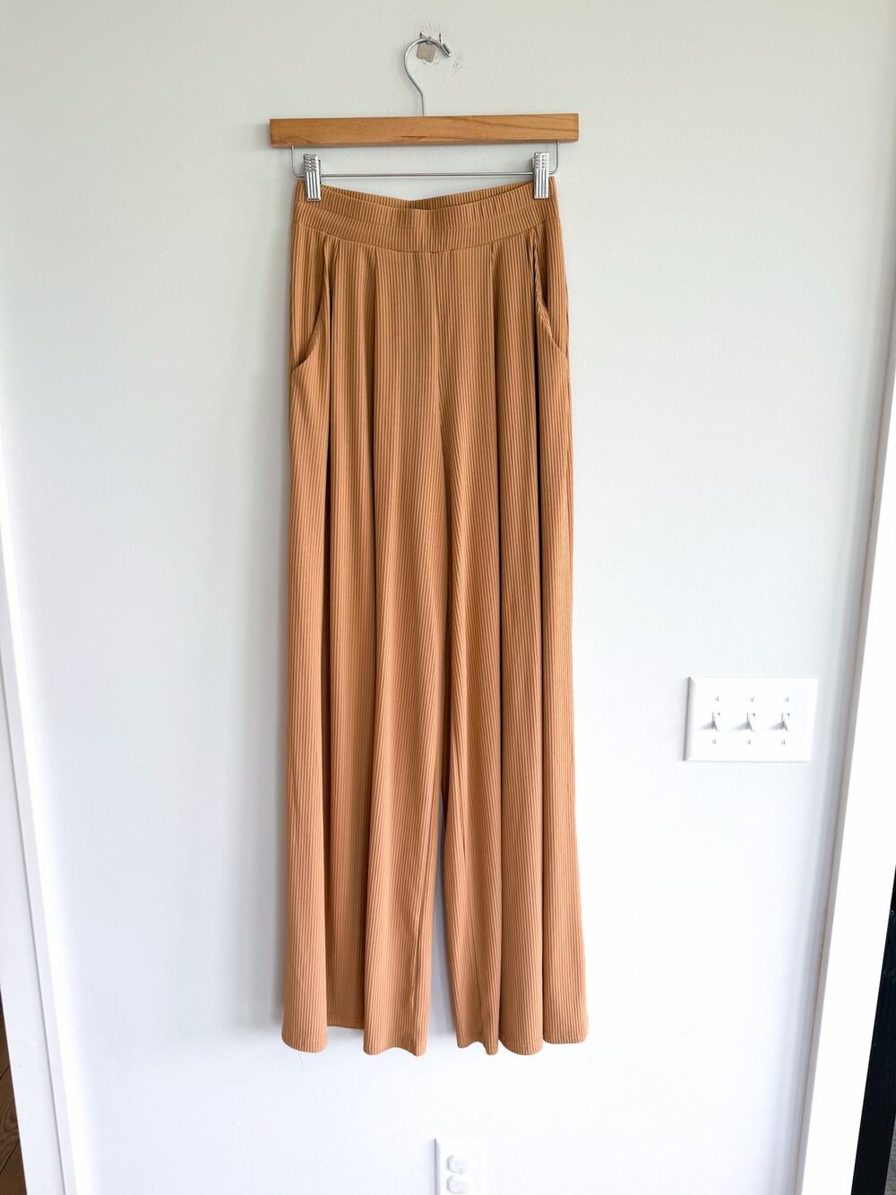 Three Bird Nest Ribbed High Rise Wide Leg Pants Khaki Brown M